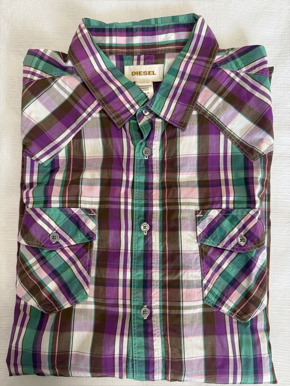 Diesel Purple Green White Plaid Button-Down Shirt Oxford Gingham XL